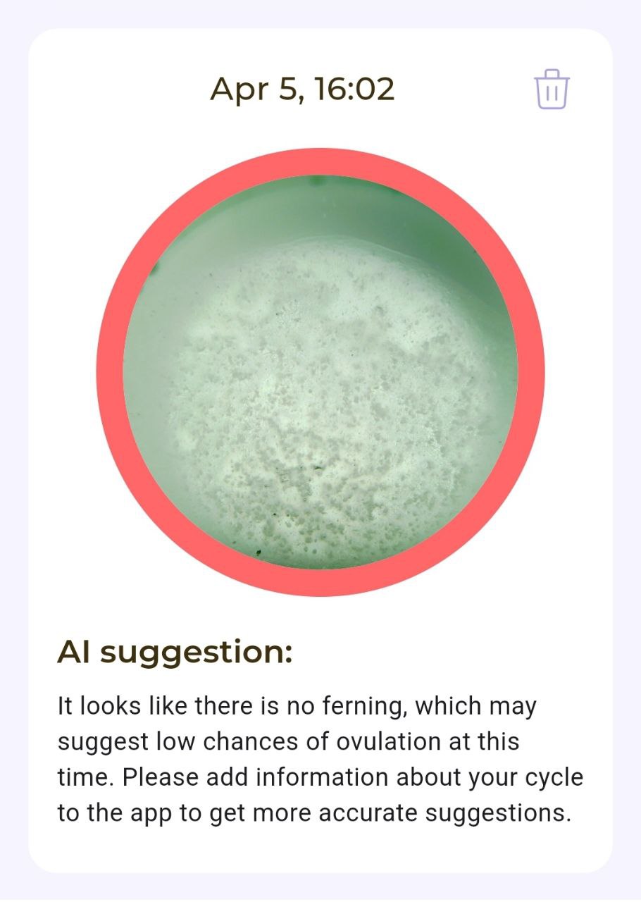 Ovul AI cycle tracking app screenshot showing AI ovulation test results with no ferning pattern detected in saliva sample image and red indicator frame confirming no ovulation.