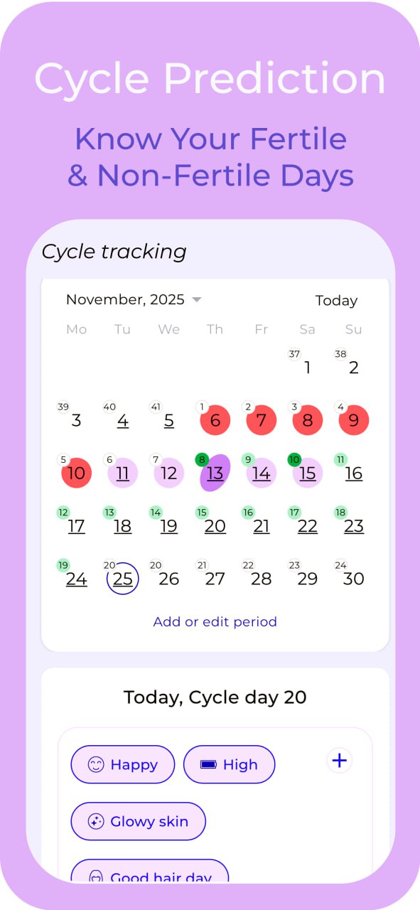 Ovul calendar and cycle tracking view
