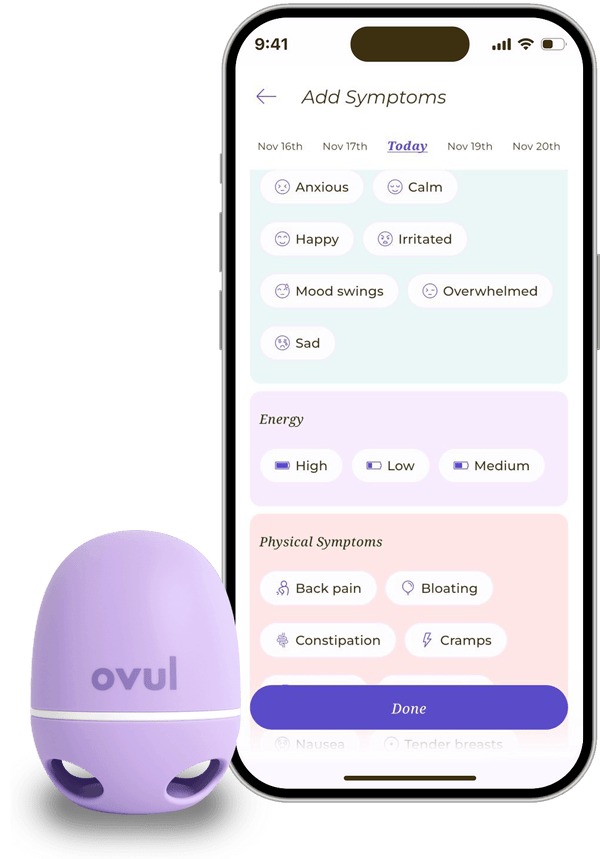 Ovul app screens showing symptom log and estrogen trends
